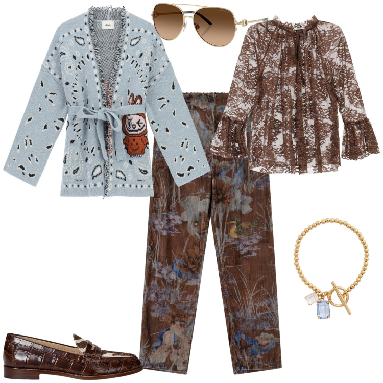 Outfit donna - Total look #2247116. Stile Casual chic per Tutti i giorni. Abbinamento con pantaloni, camicie, cardigans, occhiali da sole, braccialetti, mocassini.