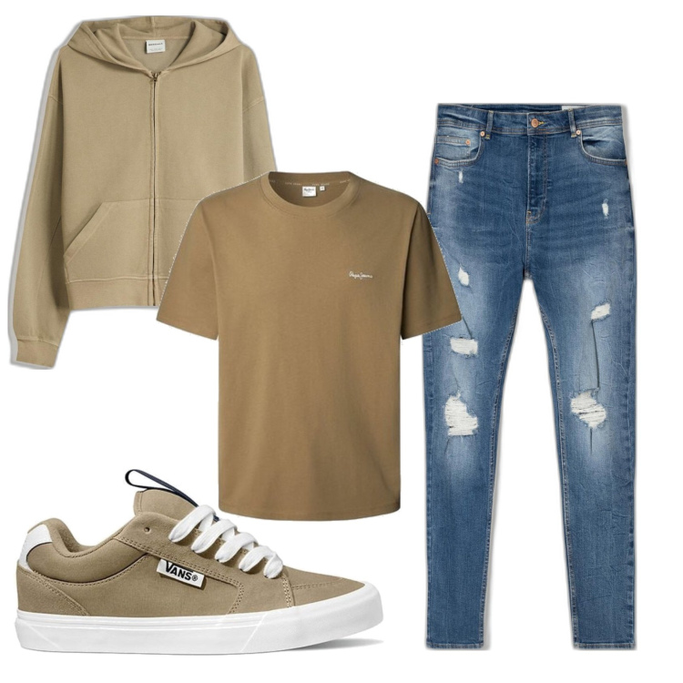 Outfit hombre - Casual #15183. Estilo Casual para Todos los días. Combinación con sneakers, vaqueros rotos, sudaderas, camiseta.