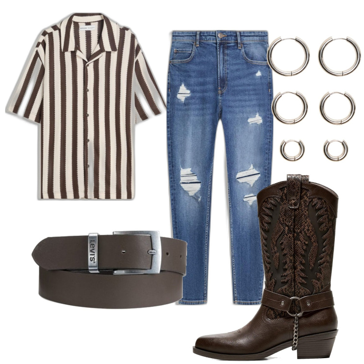 Outfit hombre - Trendy #5587. Estilo Trendy para Todos los días. Combinación con cinturones, camisas de manga corta, vaqueros rotos, botas y botines, pendientes.