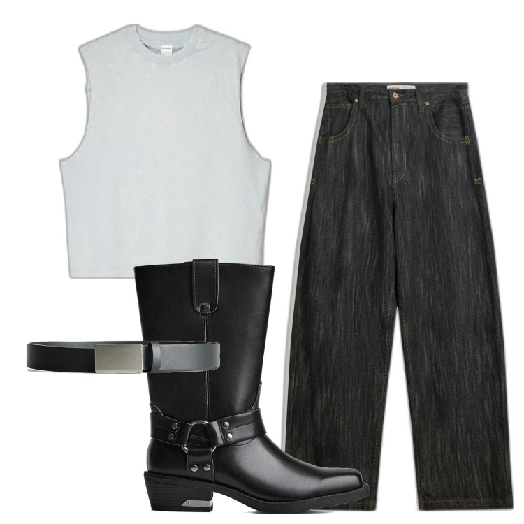 Outfit hombre - Biker Rock #290. Estilo Biker Rock para Todos los días. Combinación con camisetas sin mangas, cinturones, vaqueros, botas.
