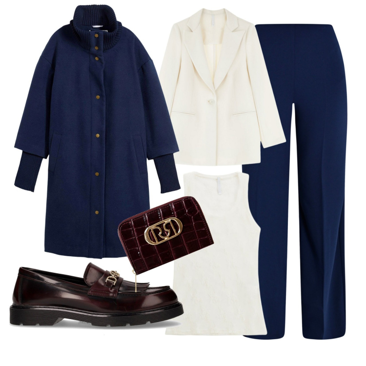 Outfit donna - Tuesdsy. Stile Casual chic per Ufficio. Abbinamento con cappotti, pantaloni a palazzo, portafogli, blazer, canottiere, mocassini.