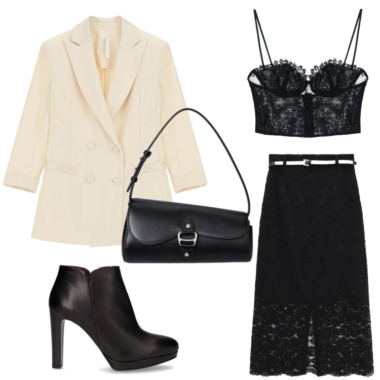 Outfit donna - Imperial - FW25. Stile Minimal per Serata fuori. Abbinamento con blazer, gonne lunghe, top, borse a spalla, stivaletti.