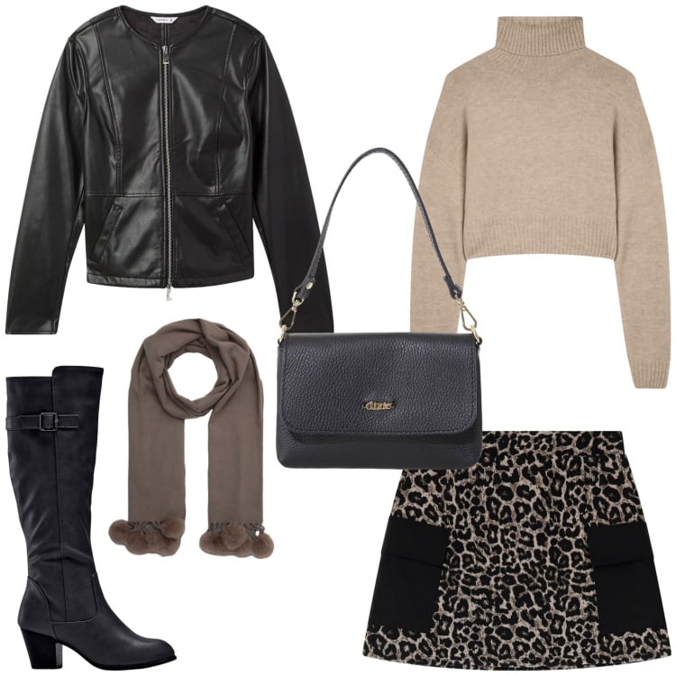Outfit donna - Workwear. Stile Trendy per Ufficio. Abbinamento con stivali, blazer, maglieria, sciarpe, minigonne, borse a tracolla.