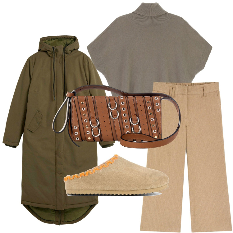 Outfit donna - Tonalità marrone. Stile Minimal per Tutti i giorni. Abbinamento con blazer, bermuda, borse a spalla, maglieria, sabot.