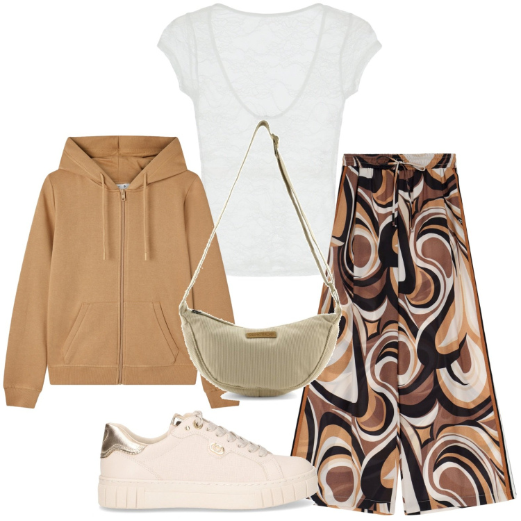 Outfit donna - La stampa ipnotica. Stile Etnico per Tutti i giorni. Abbinamento con felpe con cappuccio, pantaloni, t-shirt, borse a tracolla, sneakers.