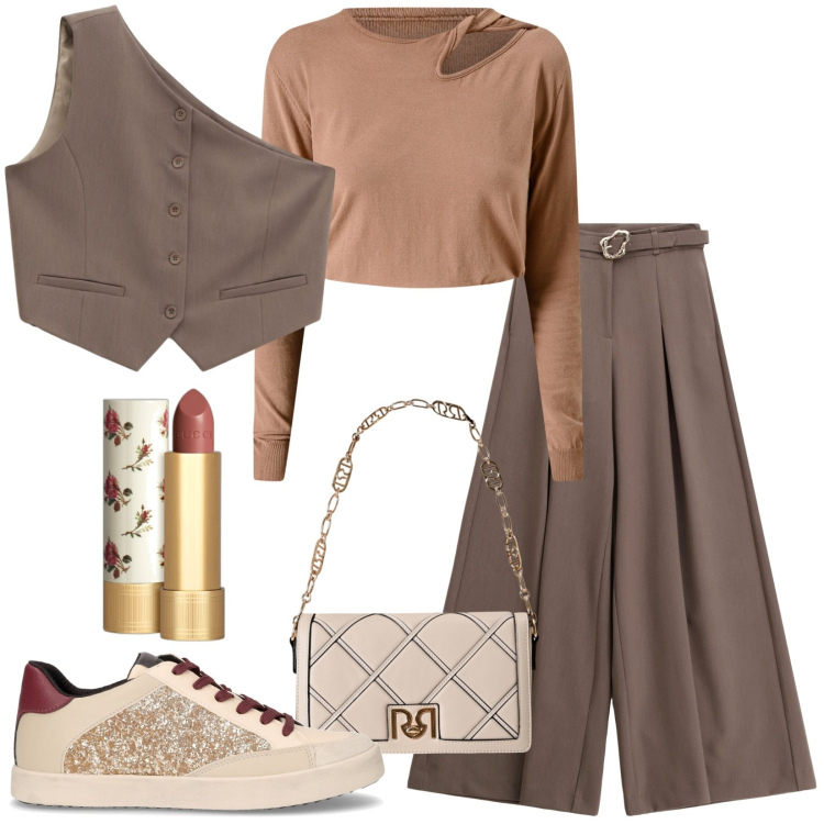 Outfit donna - Le sneakers glitterate. Stile Trendy per Tutti i giorni. Abbinamento con rossetti, maglieria, borse a tracolla, gilet, pantaloni, sneakers.