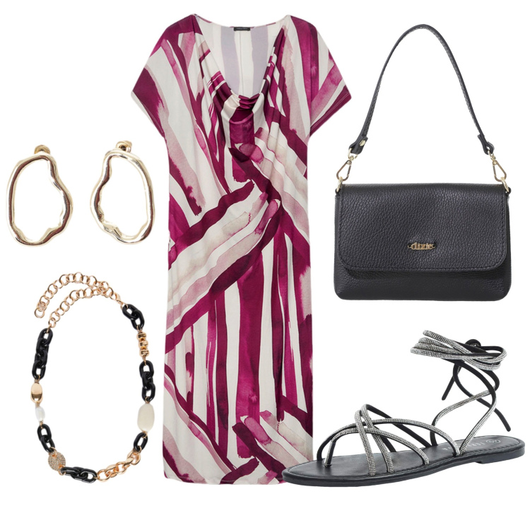 Outfit donna - L\'abito Fiorella. Stile Casual chic per Serata fuori. Abbinamento con sandali alla schiava, orecchini, borse a tracolla, vestiti lunghi, collane.