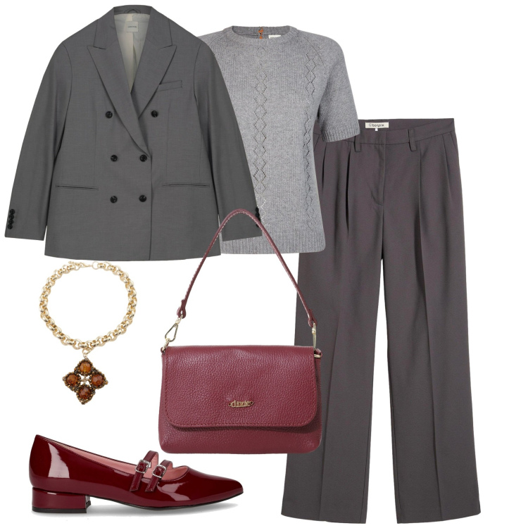 Outfit donna - Grigio accessori bordeaux. Stile Trendy per Tutti i giorni. Abbinamento con pantaloni, collane, borse a tracolla, maglieria, blazer, ballerine.