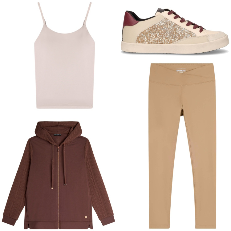 Outfit donna - Sportswear. Stile Sporty chic per Sport. Abbinamento con magliette intime, felpe con cappuccio, leggings, sneakers.