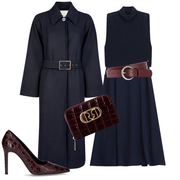 Outfit donna - Blu accessori bordeaux. Stile Urban per Tutti i giorni. Abbinamento con cinture, portafogli, maglieria, gonne lunghe, cappotti, décolleté.
