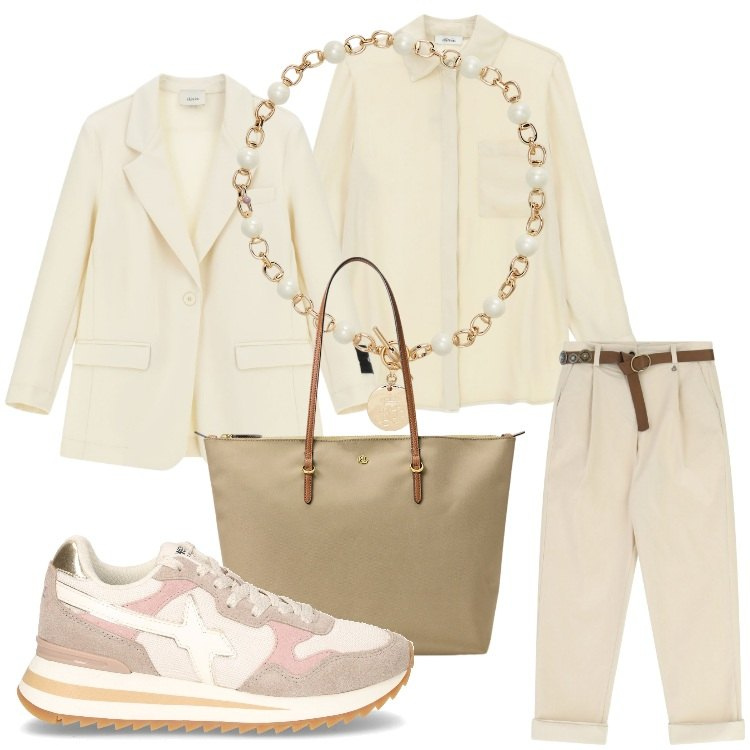 Outfit donna - Sporty beige. Stile Sporty chic per Ufficio. Abbinamento con blazer, camicie, pantaloni, collane, borse tote, sneakers.
