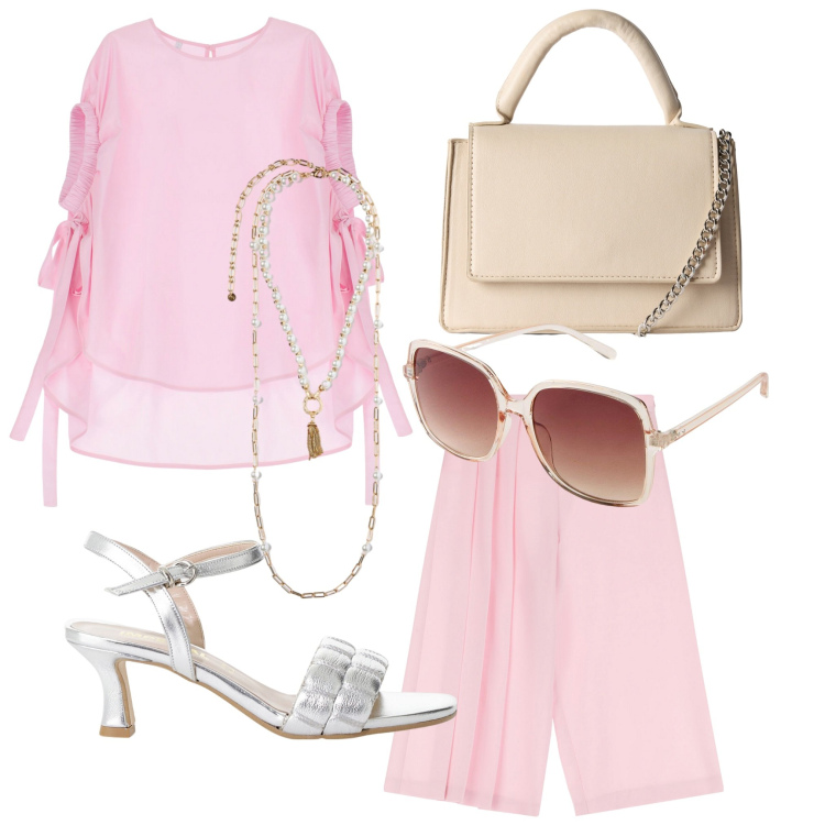 Outfit donna - Estate Imperial 2. Stile Romantica per Tutti i giorni. Abbinamento con occhiali da sole, borse a tracolla, pantaloni, sandali col tacco, camicie a manica corta, collane.