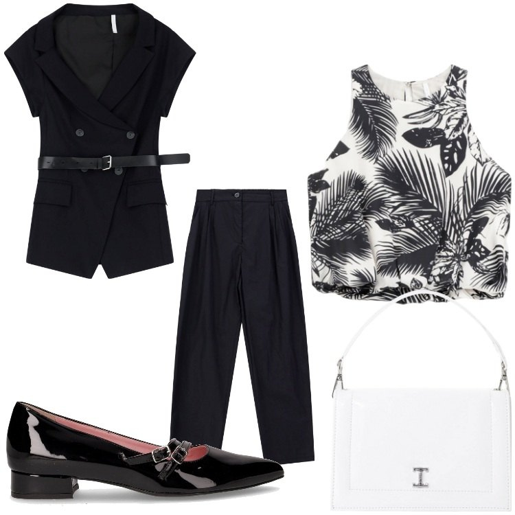 Outfit donna - Bianco e nero. Stile Bon Ton per Serata fuori. Abbinamento con blazer, pantaloni, borse a tracolla, top, ballerine.