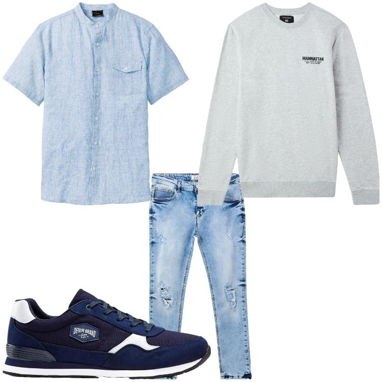 Outfit uomo - Casual. Stile Casual per Tutti i giorni. Abbinamento con camicie a manica corta, sneakers, felpe, jeans strappati.