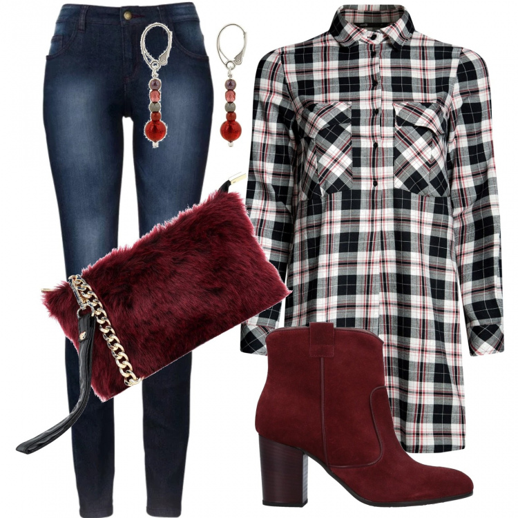 Outfit donna - Etnico #134. Stile Etnico per Tutti i giorni. Abbinamento con jeans skinny, stivaletti effetto scamosciato con tacco squadrato e zip con punta tonda tinta unita, borse a spalla, vestito, orecchini pendenti in con murano rosso.