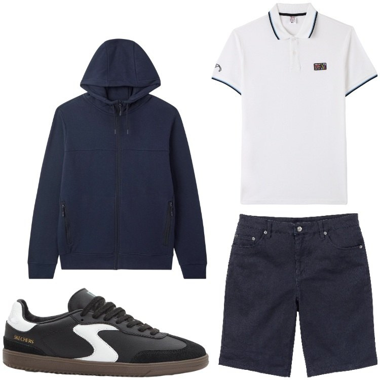 Outfit uomo - Sempre estate. Stile Casual per Tutti i giorni. Abbinamento con bermuda, sneakers, polo, felpe con cappuccio.
