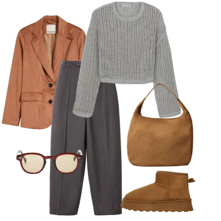 Outfit donna - Relax. per Tutti i giorni. Abbinamento con blazer, pantaloni, stivali, maglieria, borse a mano, occhiali da sole.