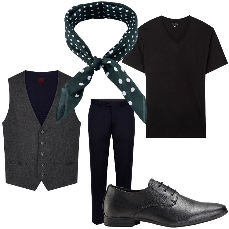 Outfit uomo - T- shirt elegante. Stile Business/Elegante per Serata speciale. Abbinamento con scarpe stringate, t-shirt, pantaloni, gilet, sciarpe e foulard.
