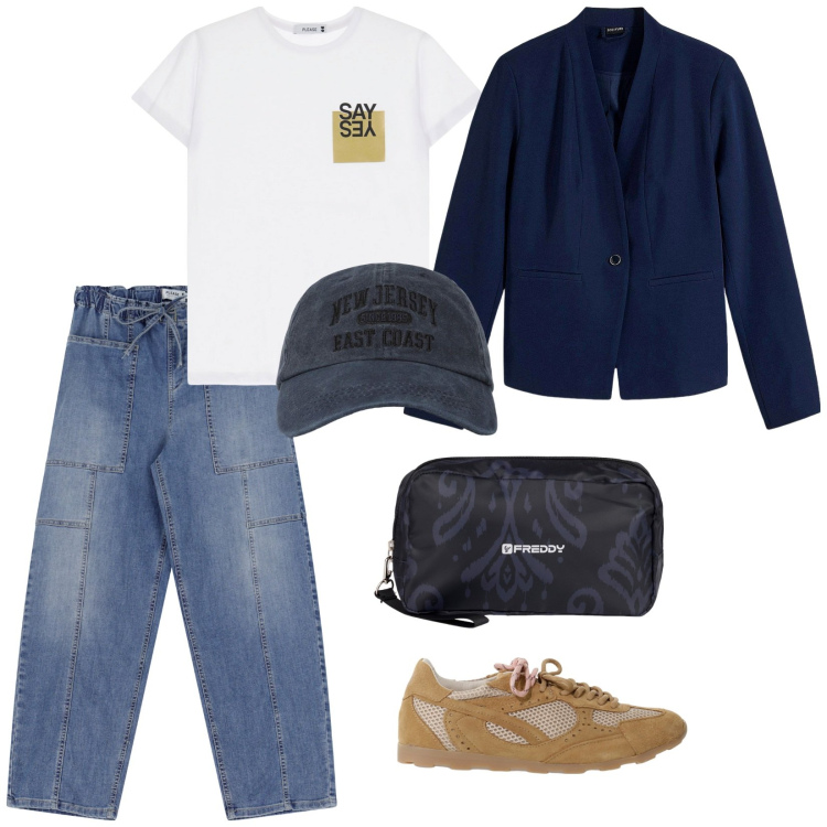 Outfit donna - Alla partita di basket. per Sport. Abbinamento con blazer, cappelli con visiera, jeans, t-shirt, valigie, sneakers.