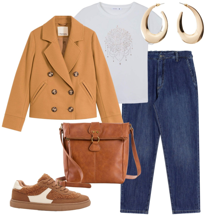 Outfit donna - Con amiche. per Tutti i giorni. Abbinamento con orecchini, borse a tracolla, caban, sneakers, t-shirt, jeans.