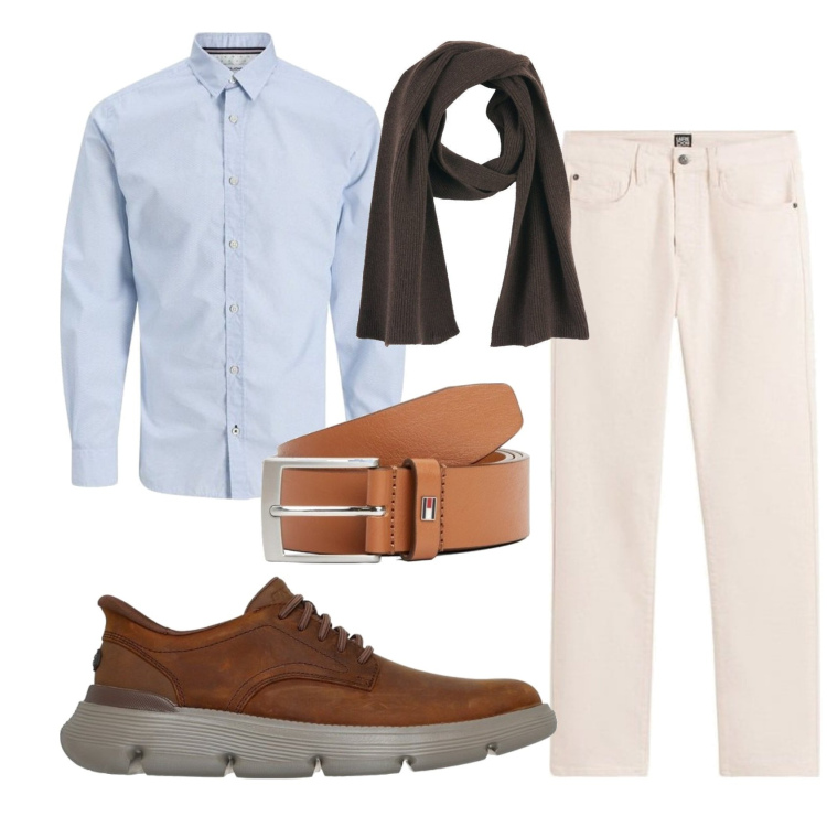 Outfit hombre - Business/Elegante #2485. Estilo Business/Elegante para Oficina. Combinación con vaqueros, bufandas, camisas, zapatos con cordones, cinturones.