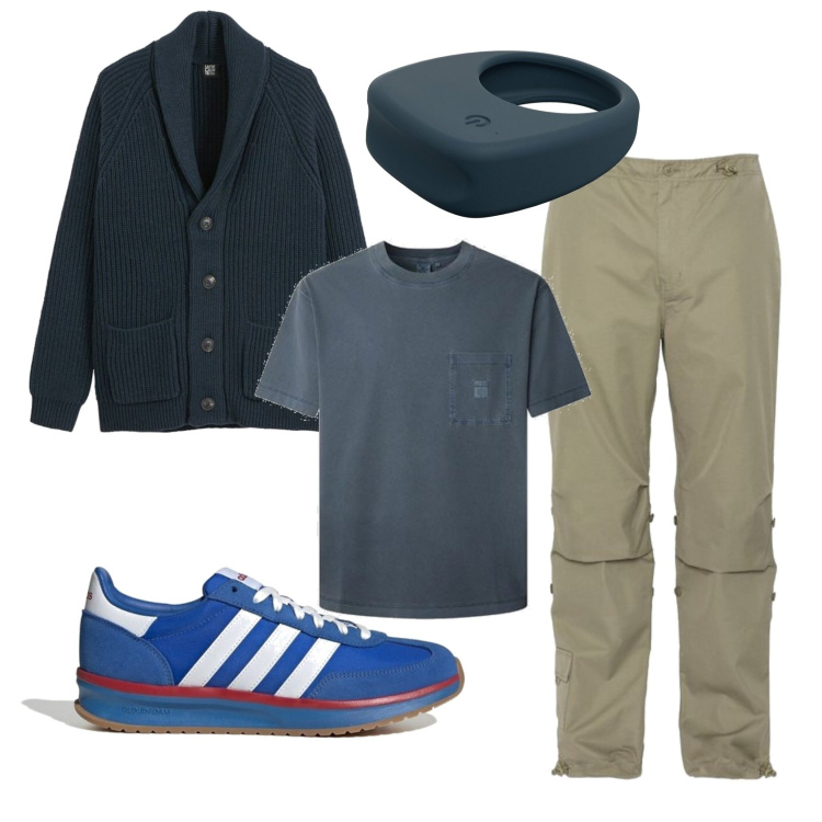 Outfit hombre - Casual #15189. Estilo Casual para Todos los días. Combinación con pantalones, cárdigans, sneakers, camiseta, anillos.