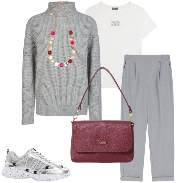 Outfit donna - Sabato pomeriggio. per Tutti i giorni. Abbinamento con sneakers, t-shirt, pantaloni, borse a tracolla, maglieria, collane.