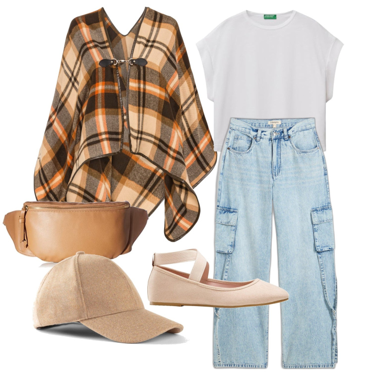 Outfit femme - Septembre. Style Casual chic pour Tous les jours. Assortir avec manteaux, ballerines, chapeaux avec visière, jeans, sacs banane, chemisiers.