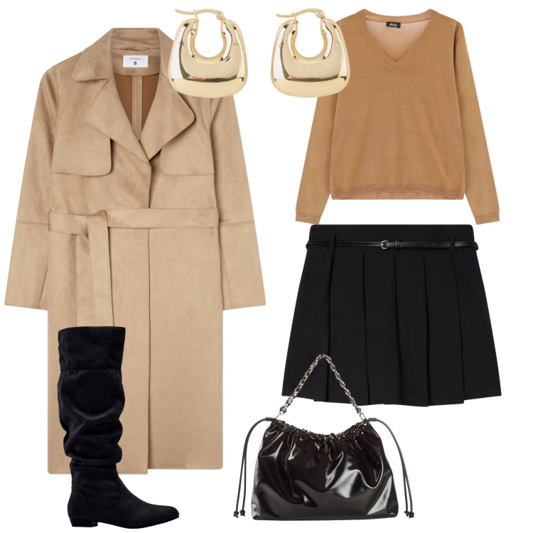 Outfit donna - Sabato sera. per Serata fuori. Abbinamento con stivali, orecchini, shopping bag, minigonne, trench, pullovers.