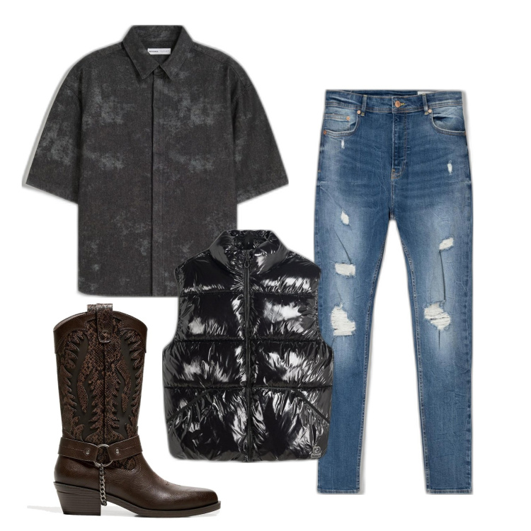 Outfit hombre - Comparando. Estilo Biker Rock para Todos los días. Combinación con vaqueros rotos, chalecos, camisas de manga corta, botas y botines.