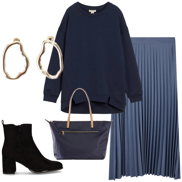 Outfit donna - Compere di sabato. per Tutti i giorni. Abbinamento con felpe, shopping bag, gonne lunghe, orecchini, stivaletti.