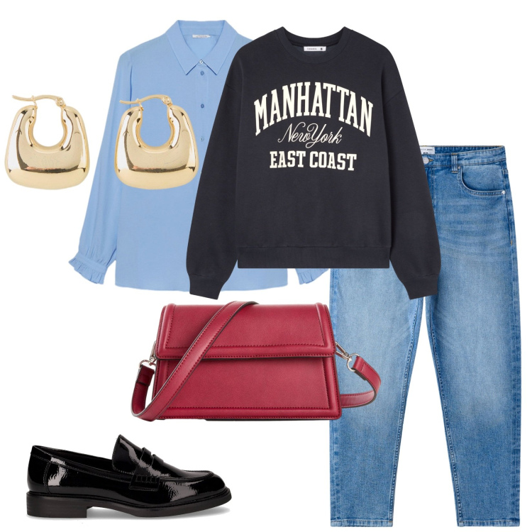 Outfit donna - A scuola. per Scuola/Università. Abbinamento con orecchini, borse a tracolla, jeans mom, felpe, camicie, mocassini.