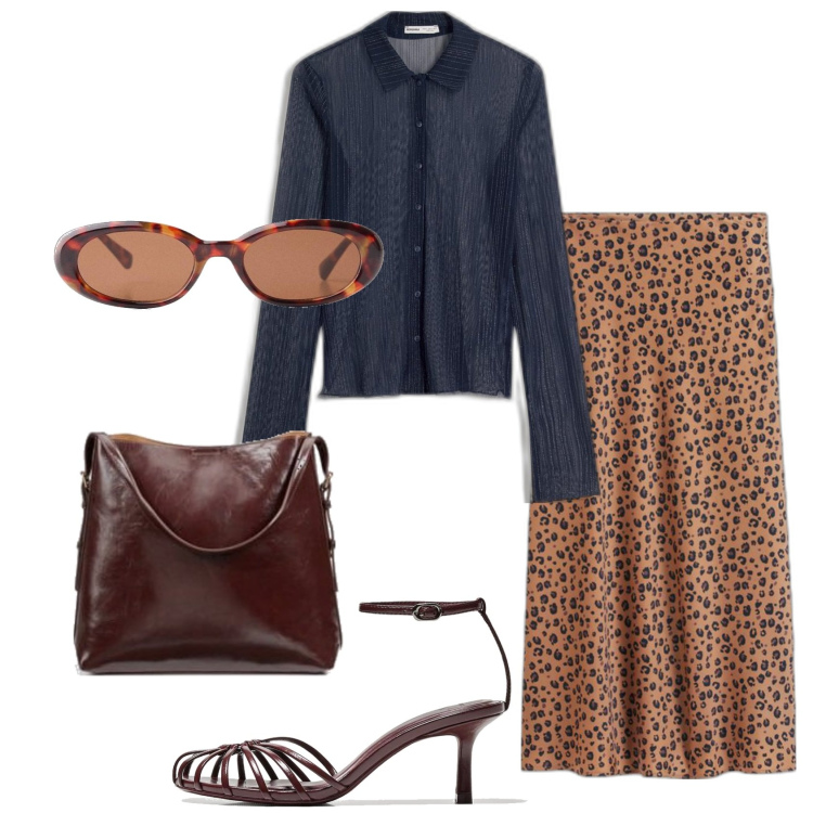 Outfit mujer - Chic de diario. Estilo Chic para Todos los días. Combinación con camiseta, faldas, gafas de sol, bolso tote, sandalias de tacón.