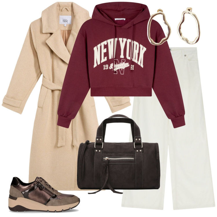 Outfit donna - Autunno. per Tutti i giorni. Abbinamento con cappotti, borse a mano, felpe con cappuccio, pantaloni a palazzo, orecchini, sneakers alte.