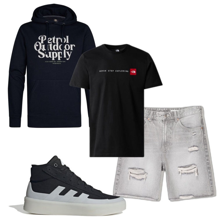Outfit hombre - Casual look. Estilo Casual para Todos los días. Combinación con sneakers, sudaderas con capucha, bermudas, camiseta.