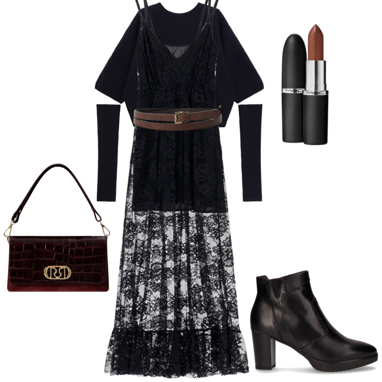 Outfit donna - Abito in pizzo sopra magliette 025. Stile Trendy per Serata fuori. Abbinamento con rossetti, borse a mano, cinture, maglieria, vestiti lunghi, stivaletti.
