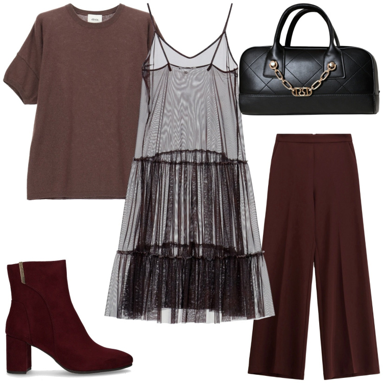 Outfit donna - Mood nostalgico. Stile Trendy per Tutti i giorni. Abbinamento con borse a mano, vestiti lunghi, pantaloni, maglieria, stivaletti.