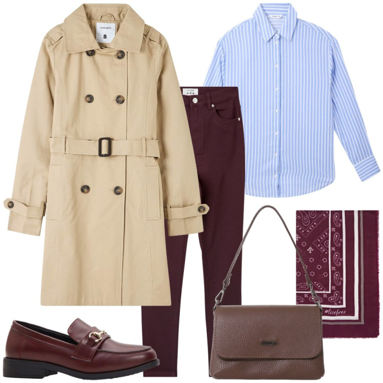Outfit donna - Praticamente autunno. Stile Casual chic per Tutti i giorni. Abbinamento con mocassini, pantaloni skinny, trench, camicie, borse a tracolla, foulard.