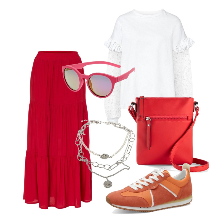 Outfit femme - Septembre. Style Casual chic pour Tous les jours. Assortir avec sacs en bandoulière, jupes longues, sweat-shirts, colliers, sneakers, lunettes.