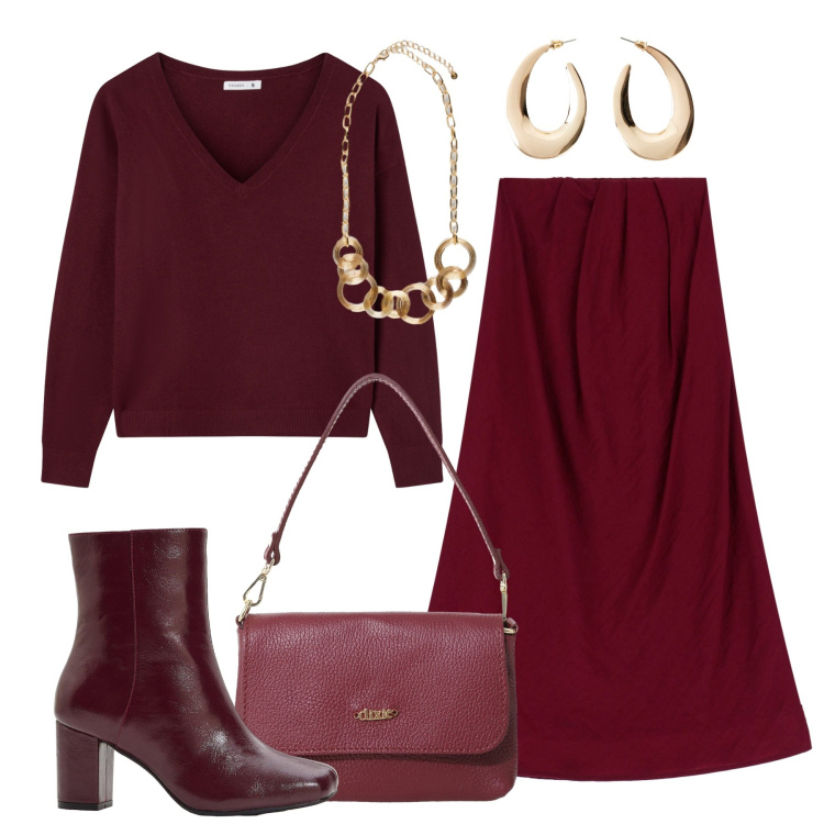 Outfit donna - Chic in autunno. Stile Chic per Tutti i giorni. Abbinamento con orecchini, stivaletti, maglieria, gonne lunghe, borse a tracolla, collane.