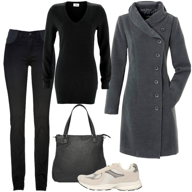 Outfit donna - Total look #2247245. Stile Sporty chic per Scuola/Università. Abbinamento con cappotti, jeans skinny, maglieria, shopping bag, sneakers.