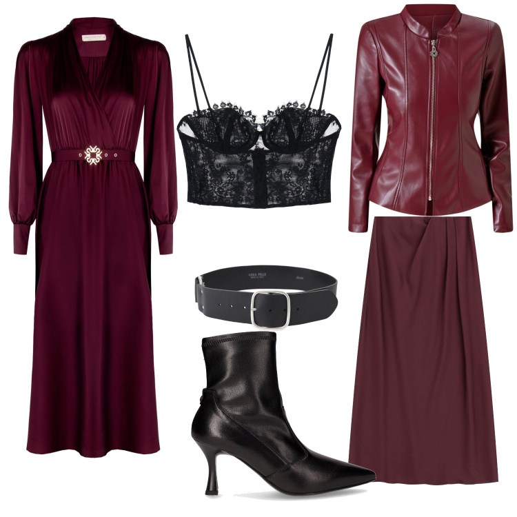 Outfit donna - 2 modi di intendere il bordeax. Stile Casual chic per Serata fuori. Abbinamento con blazer, vestiti midi/longuette, top, gonne lunghe, cinture, stivaletti.