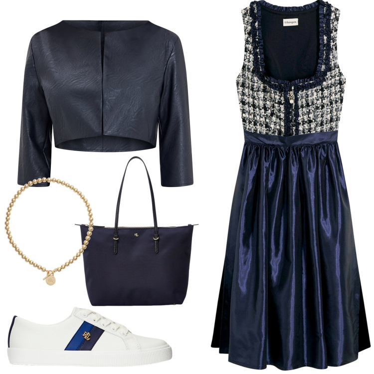 Outfit donna - Tartan Black and Blue. Stile Casual chic per Serata fuori. Abbinamento con vestiti, blazer, collane, borse tote, sneakers.