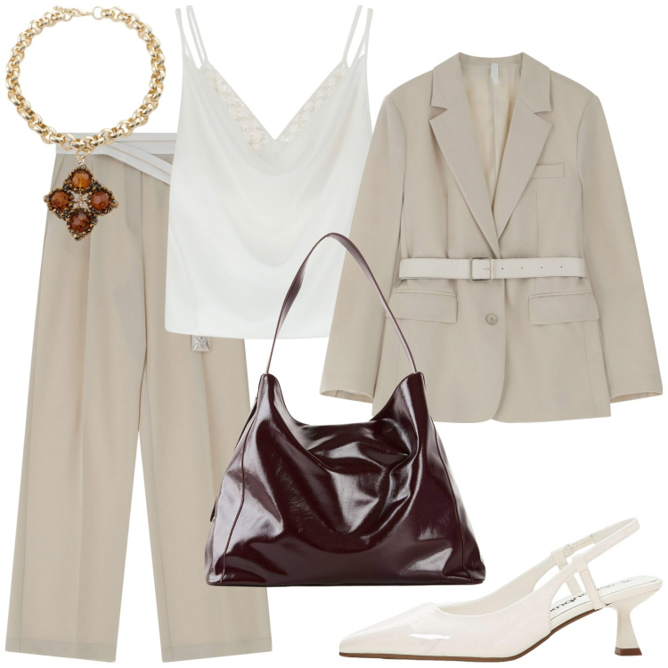 Outfit donna - Total look #2247258. Stile Casual chic per Ufficio. Abbinamento con shopping bag, décolleté, blazer, pantaloni, canottiere, collane.