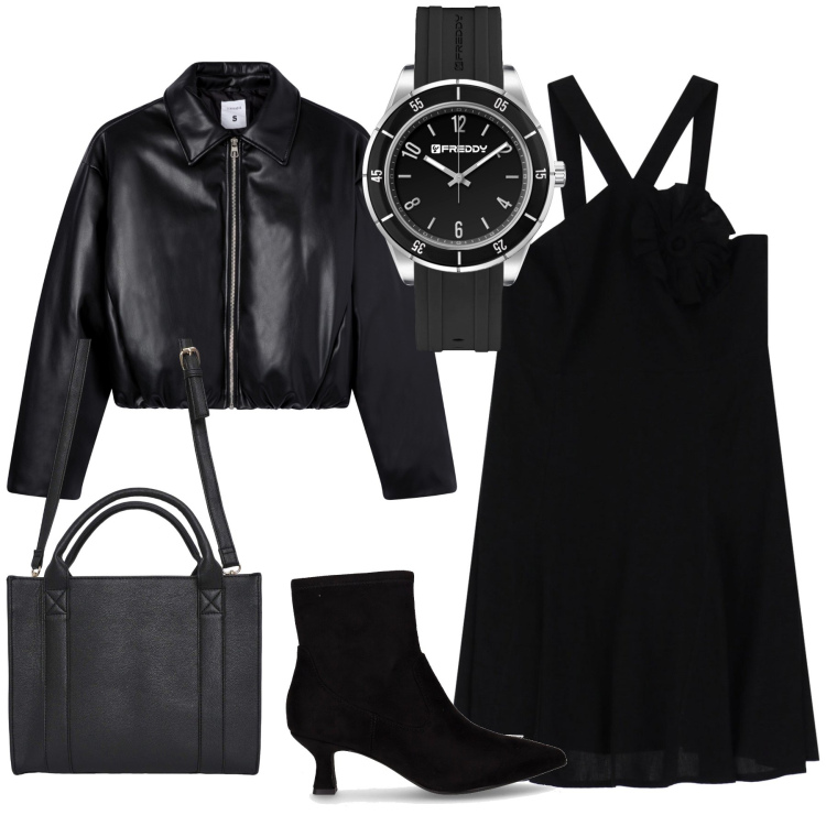 Outfit donna - E’ l ora di una pizza glam. Stile Glamour per Serata fuori. Abbinamento con giacche, borse tote, orologi, vestiti asimmetrici, stivaletti.