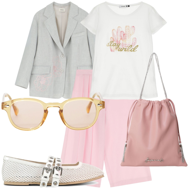 Outfit donna - Total look. Stile Trendy per Tutti i giorni. Abbinamento con t-shirt, pantaloni, borse a secchiello, occhiali da sole, blazer, ballerine.