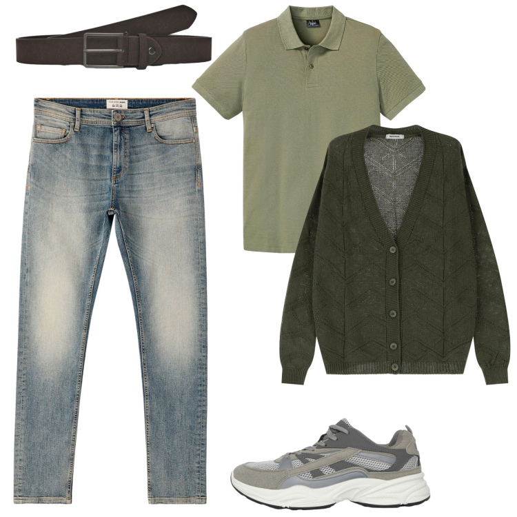 Outfit uomo - Casual in ufficio. Stile Casual per Tutti i giorni. Abbinamento con polo, sneakers, cinture, jeans skinny, cardigans.