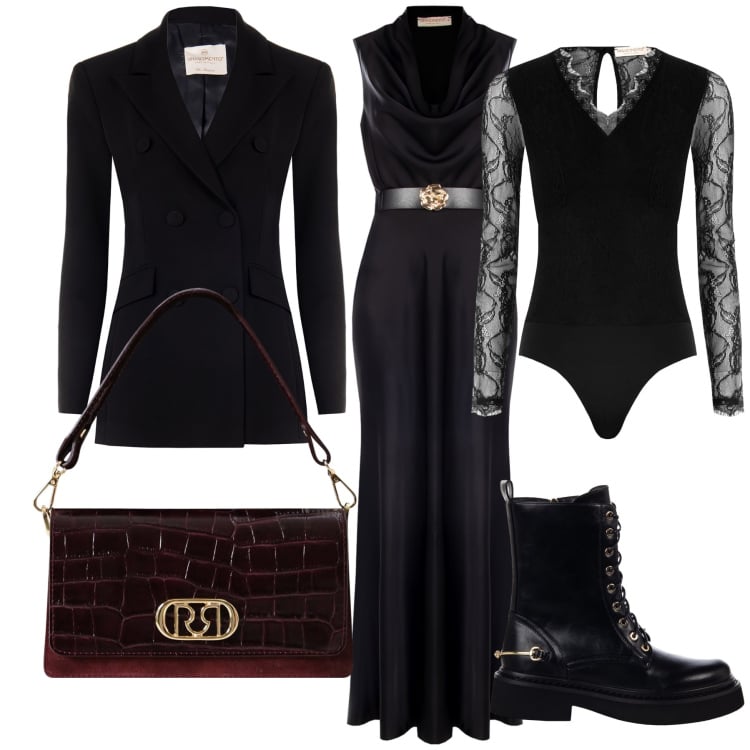 Outfit donna - Rinascimento new collection. Stile Glamour per Serata fuori. Abbinamento con anfibi, blazer, body, borse a mano, vestiti lunghi.