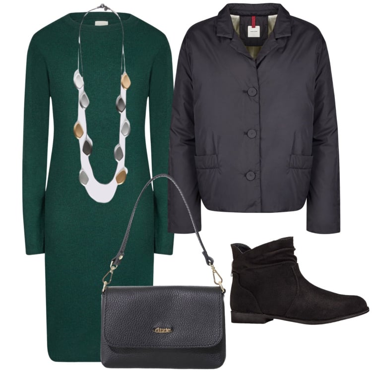 Outfit donna - Tubino verde per l ufficio. Stile Urban per Ufficio. Abbinamento con stivaletti, borse a tracolla, vestiti midi/longuette, collane, blazer.