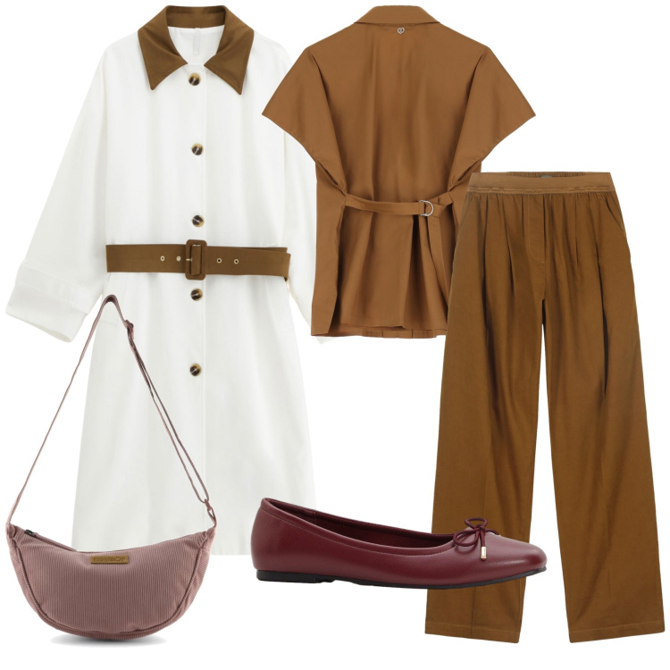 Outfit donna - Centro città. Stile Urban per Tutti i giorni. Abbinamento con ballerine, camicie, cappotti, pantaloni, borse a tracolla.